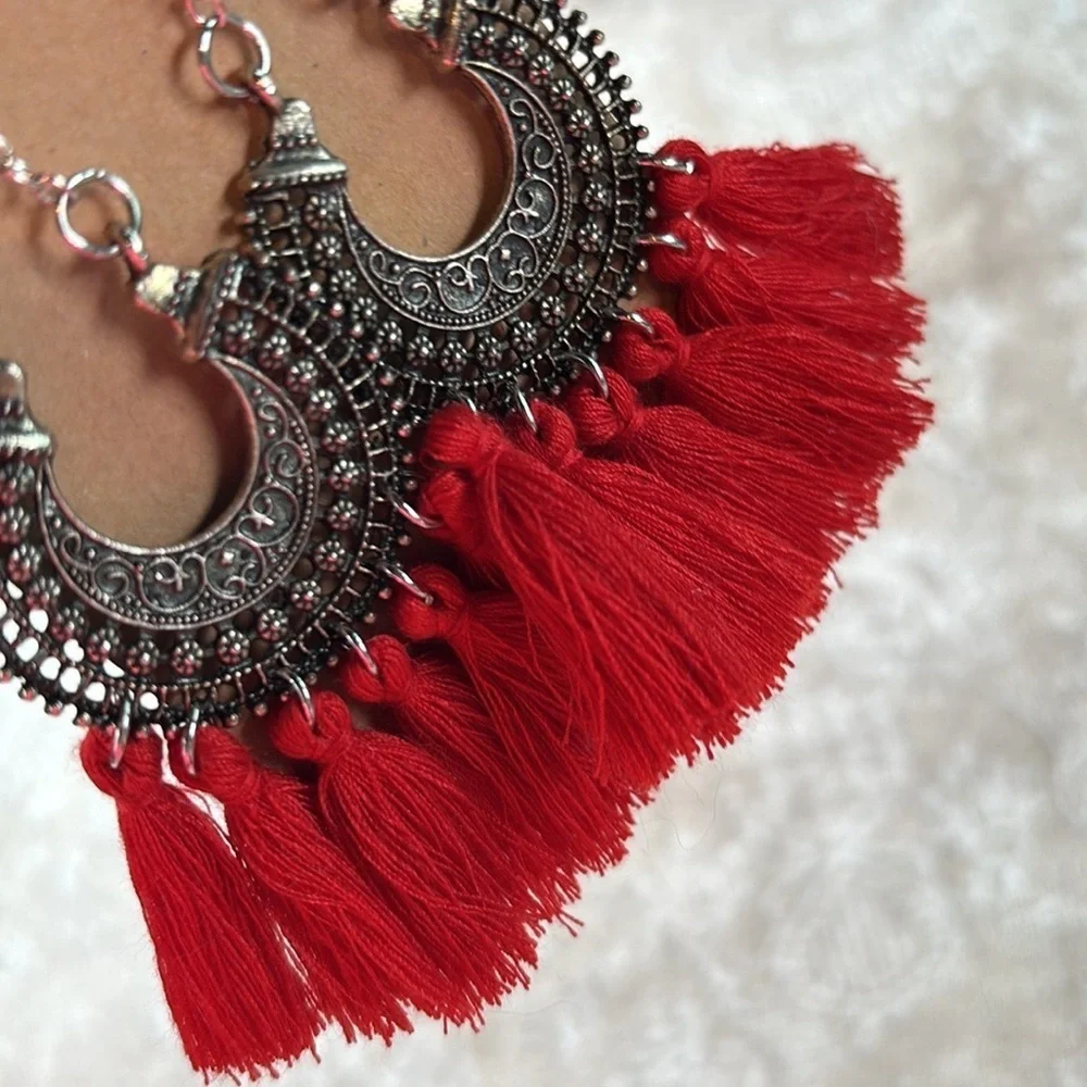 Brand New Red Tassel Oxidized Metal Floral Crescent Boho Festival Drop Earrings